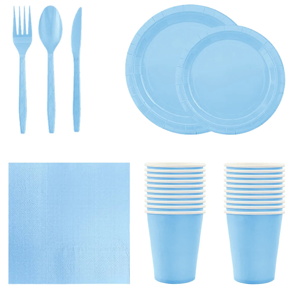 Solid Light Blue Theme Birthday Party Disposable Tableware Paper Napkins Cups Plates Tablecloths