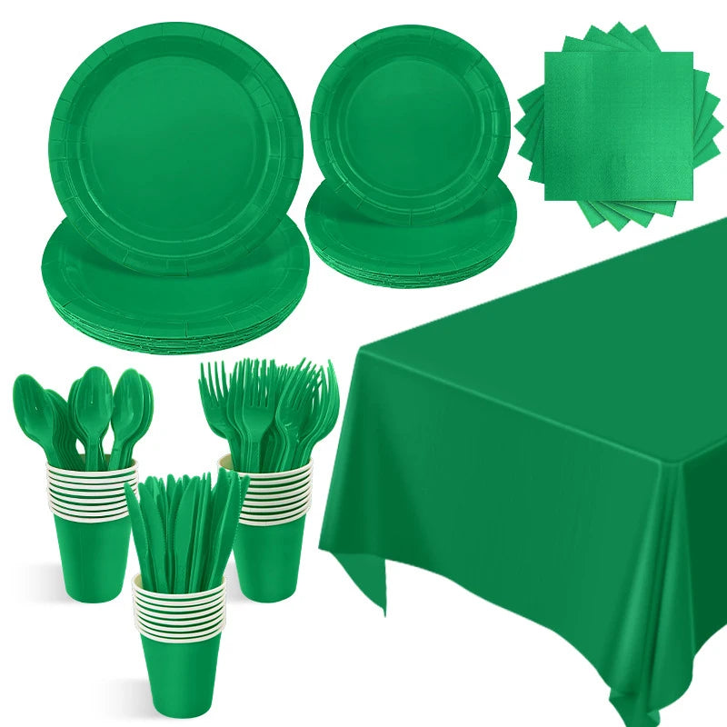 Solid Green Theme Party Disposable Tableware Paper Napkins Cups Plates Tablecloths